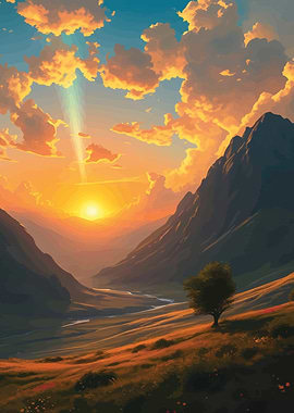 Mountain Sunset Landscape anime style