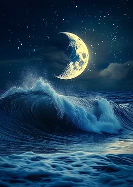 Crescent Moon Over Waves