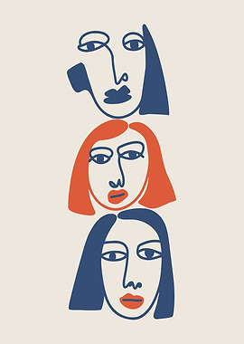 Minimalist Line Art Faces in Blue and Red