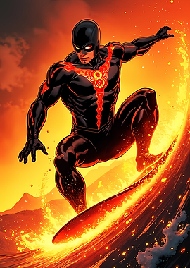 Black Superhero Surfing Fire