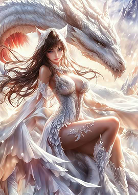 Anime Girl and White Dragon