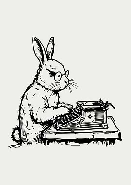 Monochromatic Rabbit Writer and Typewriter Drawing
