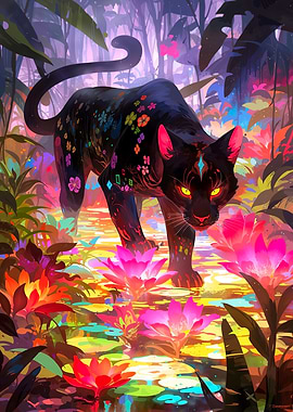 Black Panther in a Floral Jungle