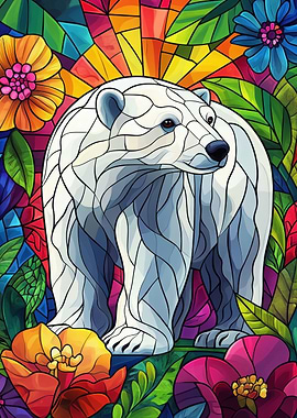 Polar Bear in Floral Stained Glass