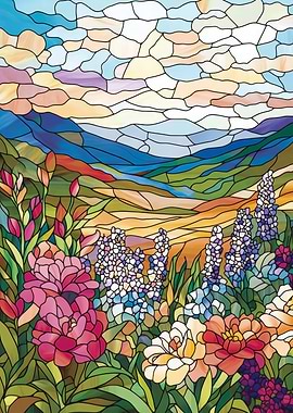 Stained Glass Mountain Landscape