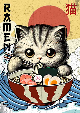 Ramen Cat Vintage Japanese Poster