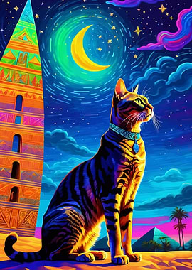Cat Under a Crescent Moon and Obelisk