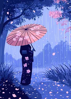 Woman in Kimono Under Cherry Blossoms