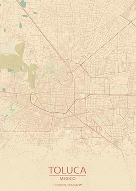 Toluca Mexico Vintage Style City Map