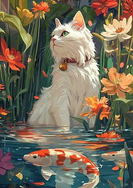 White Cat by the Pond