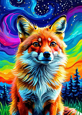 Red Fox Under a Rainbow Sky