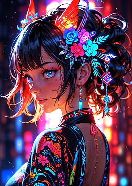 Radiant Elegance: Neon Floral Muse