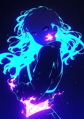 Anime Girl with Neon Flames