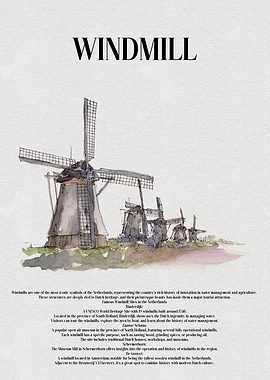 Dutch Windmills Watercolor