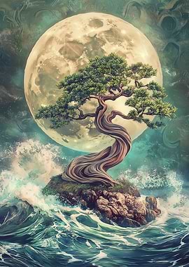 Fantasy Bonsai Tree Under Full Moon