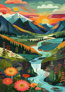 Mountain Landscape with Waterfall