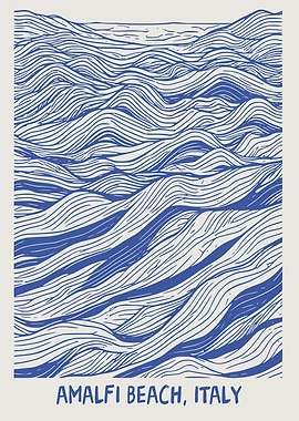 Amalfi Beach Waves Line Art Drawing in Blue