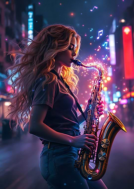 Saxophone Girl Player in Neon City