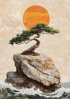 Traditional Japanese Bonsai Tree on a Rock