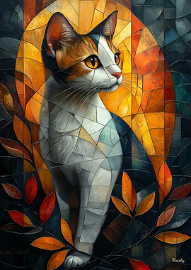 Stained Glass Cat with Autumn Glow