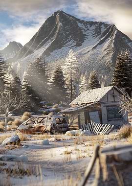 Abandoned Cabin in Snowy Mountains