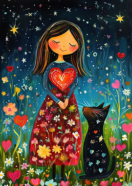 Girl with Heart and Cat