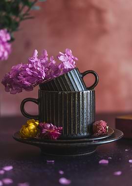 Black Teacup with Flowers