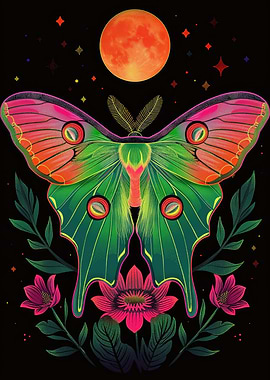 Neon Luna Moth and Moon
