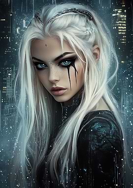 White-Haired Woman in Cityscape