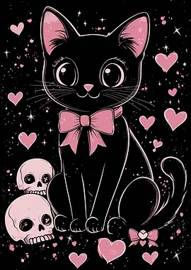 Cute Black Cat with Skulls