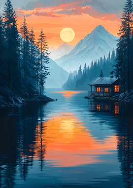 Cabin by the Lake at Sunset