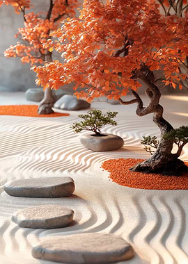 Zen Garden with Bonsai Trees