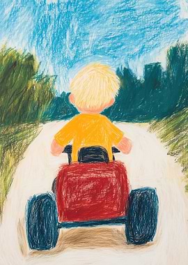 Boy Driving Red Toy Car