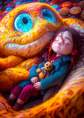 Girl Sleeping with Fuzzy Creature