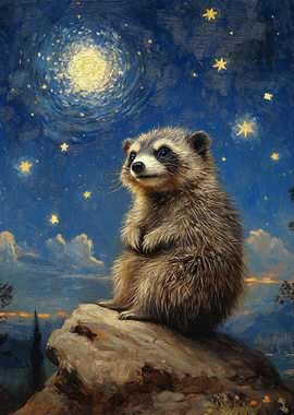 Raccoon Under Starry Sky