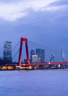 Willems Bridge at night Rotterdam Skyline