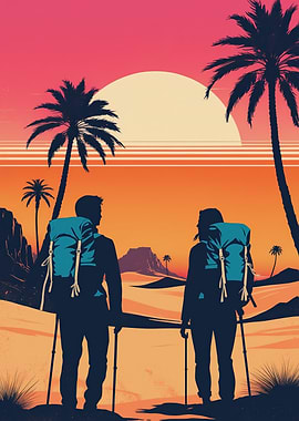 Desert Sunset Trek - Retro Adventure Wall Art
