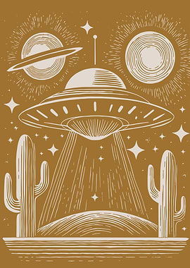 UFO Desert Scene with Cacti and Celestial Details