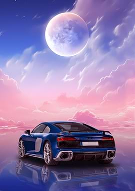 Blue Audi R8 Under a Full Moon