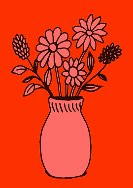 Bold Vase of Flowers Illustration in Pink and Orange