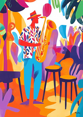 Fauvist Jazz Saxophone Player in Tropical Garden