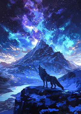 Wolf Howling Under Stars