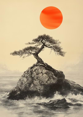 Japanese Lone Bonsai Tree and Red Sun