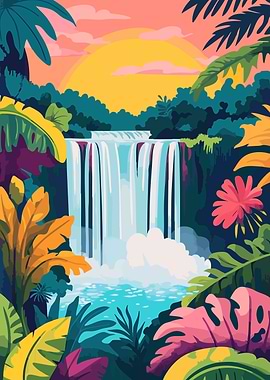 Tropical Waterfall Sunset