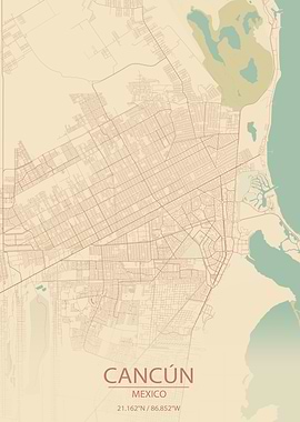 Cancun Mexico Vintage Style City Map