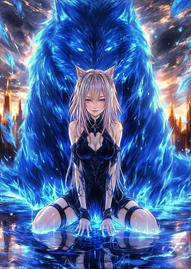 Anime Girl with Blue Wolf