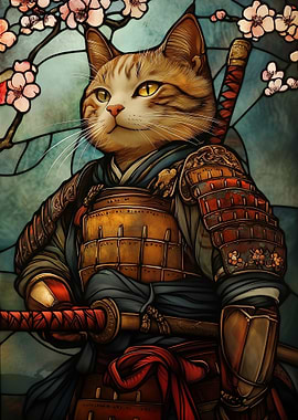 Samurai Cat Stained Glass Window