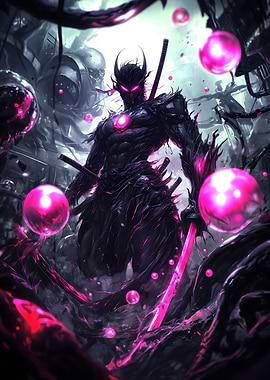 Japanese Samurai in Pink Bubbles