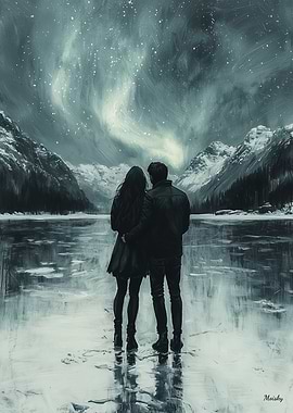 Romantic Northern Lights - Charcoal Art