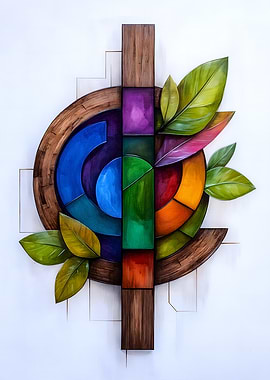 Abstract Wood Art with Leaves